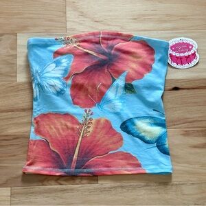 NEW Y2K Butterfly Red Hibiscus Tube Top - Tropical Floral Strapless Blue